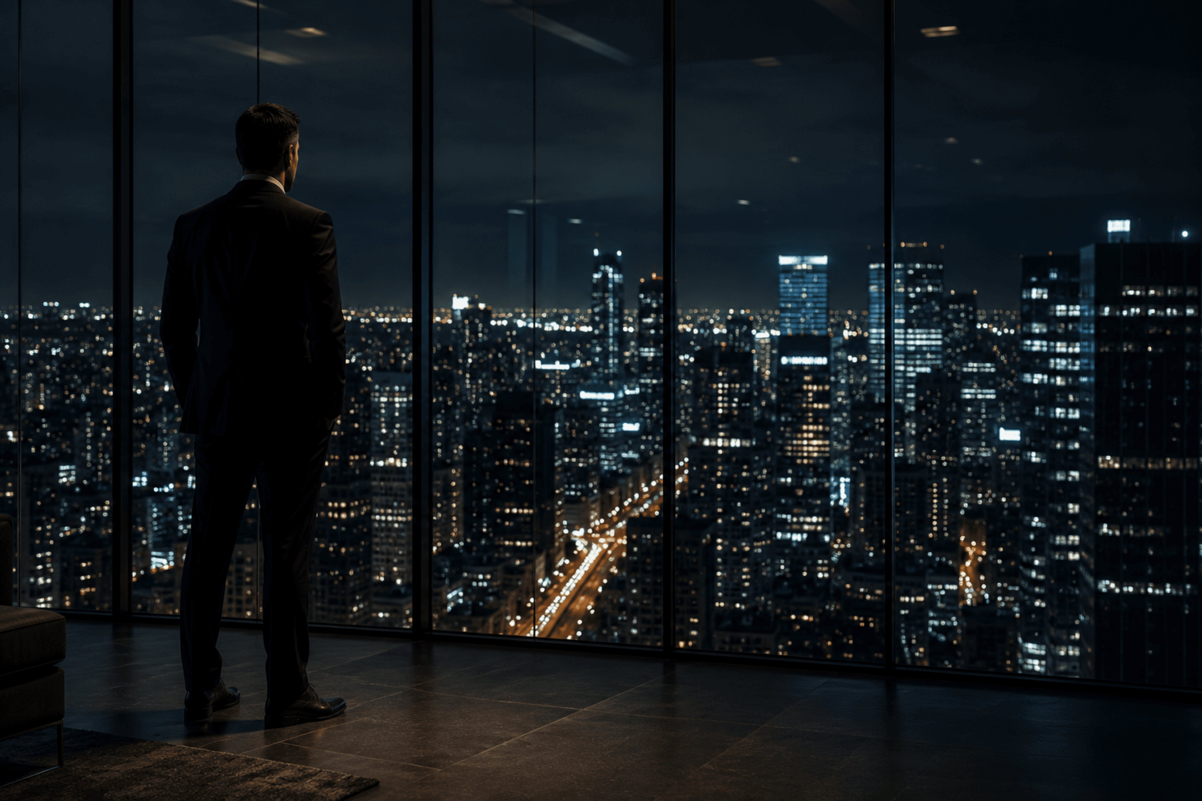 Executivo observando o horizonte de uma cidade à noite