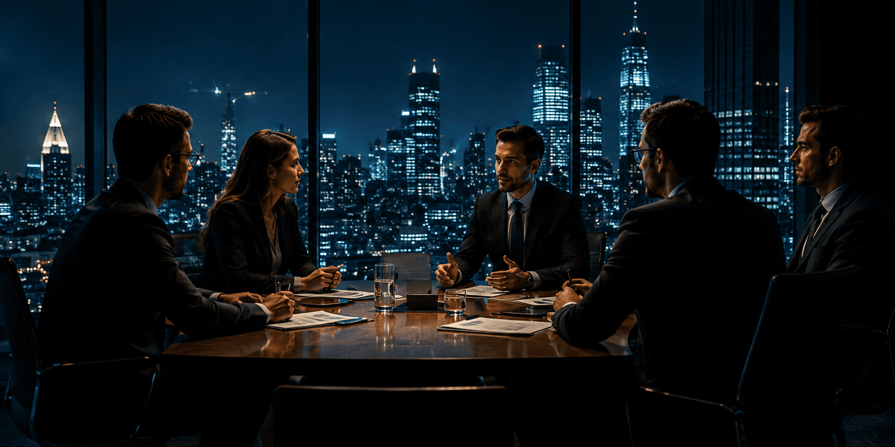 Equipe executiva reunida discutindo estratégia com vista noturna da cidade